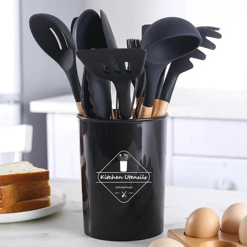 KIT de Utensílios Para Cozinha em Silicone e Bambu 12 Peças - Ízer Digital